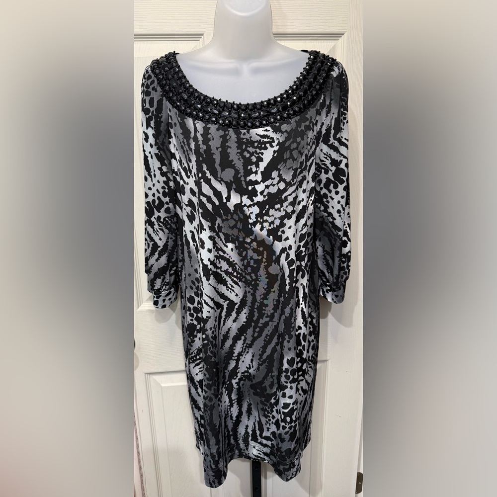 Elegant B. Smart Black and Gray Bead Embellished Neckline Women's Dress